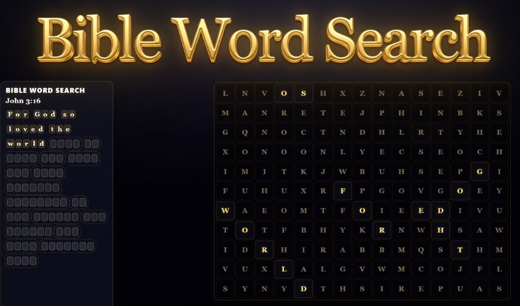 Bible Word Search game graphic with title and puzzle board