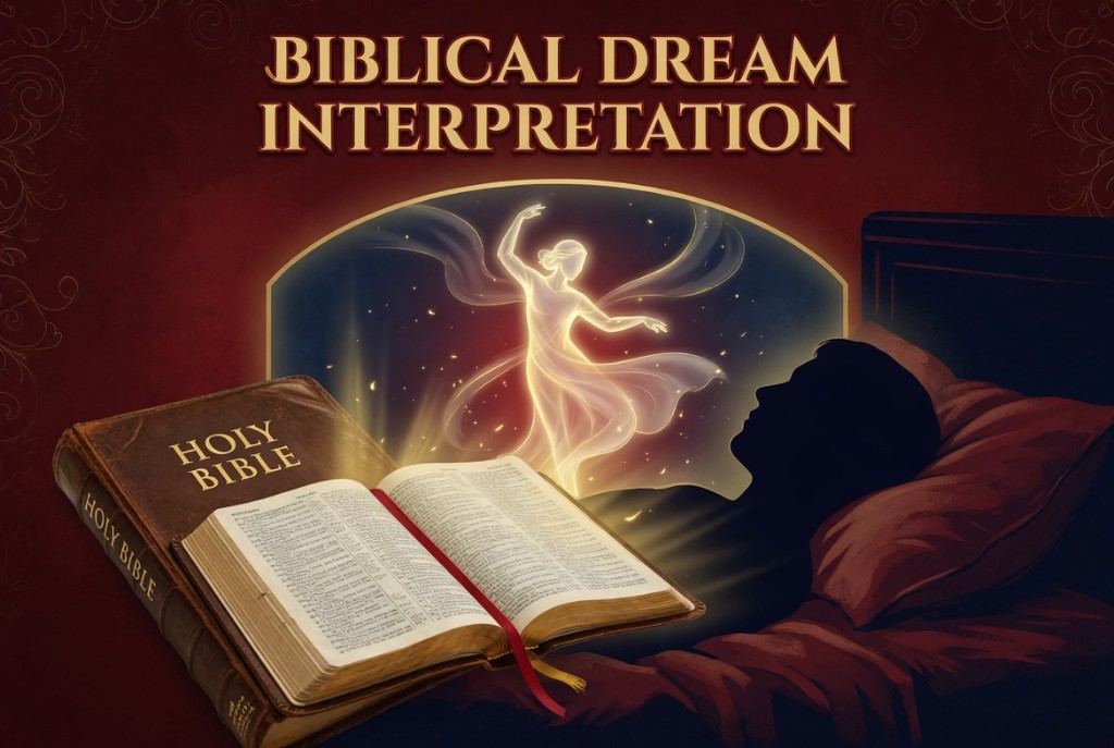 Biblical Dream Interpretation poster with a Bible and dream imagery