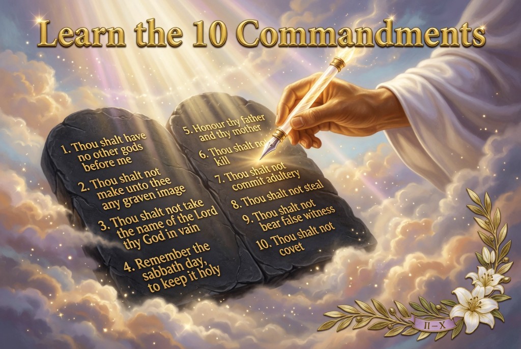 Learn the 10 Commandments graphic with tablets and scripture text